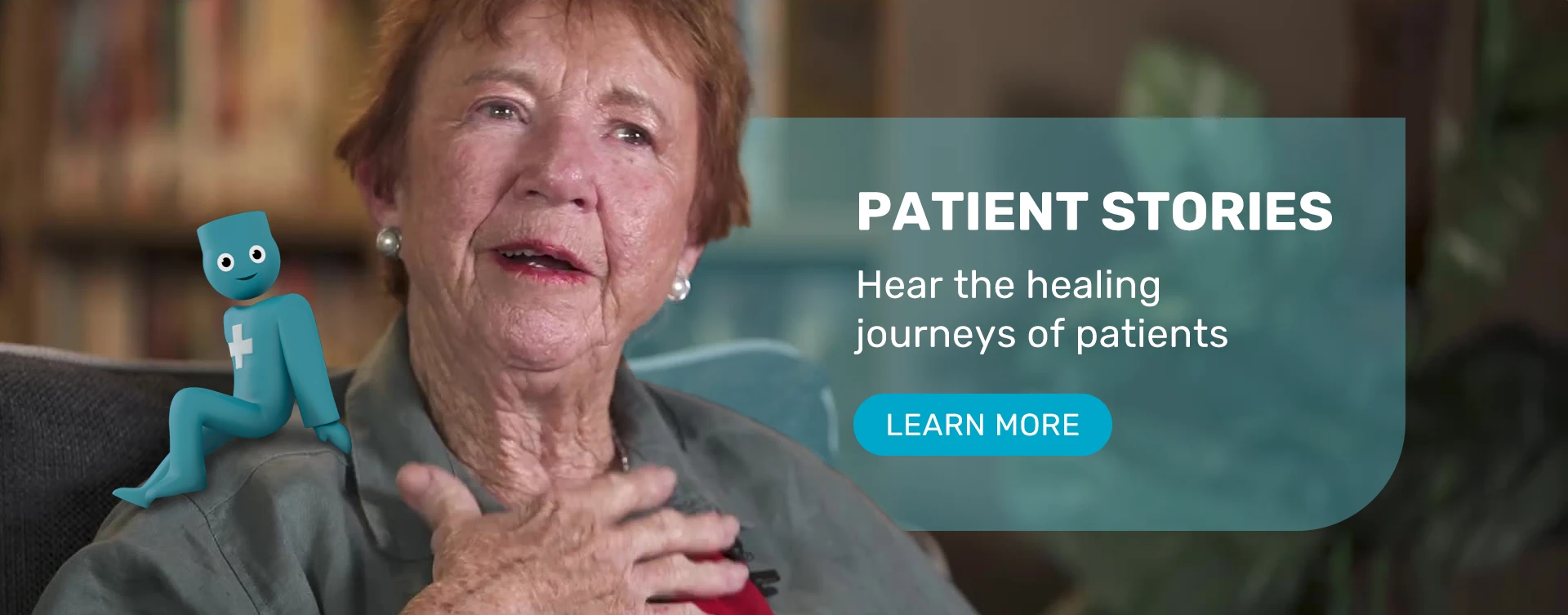 An older lady, Jenny talking to the camera with the Urgo mascot on her shoulder and some text 'Patient Stories'